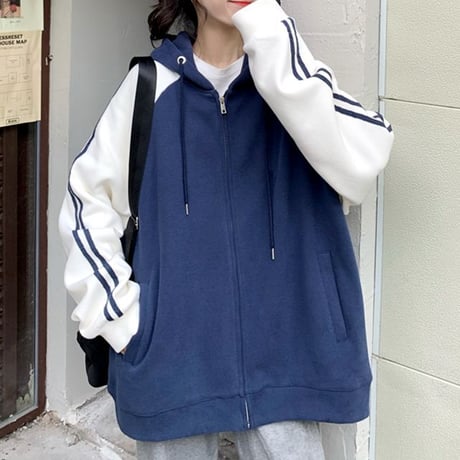 パーカー 袖ライン バイカラー ジップアップ 長袖 オーバーサイズ ゆったり レトロ 韓国ファッション レディース 大人可愛い ガーリー カジュアル DTC-656269992331