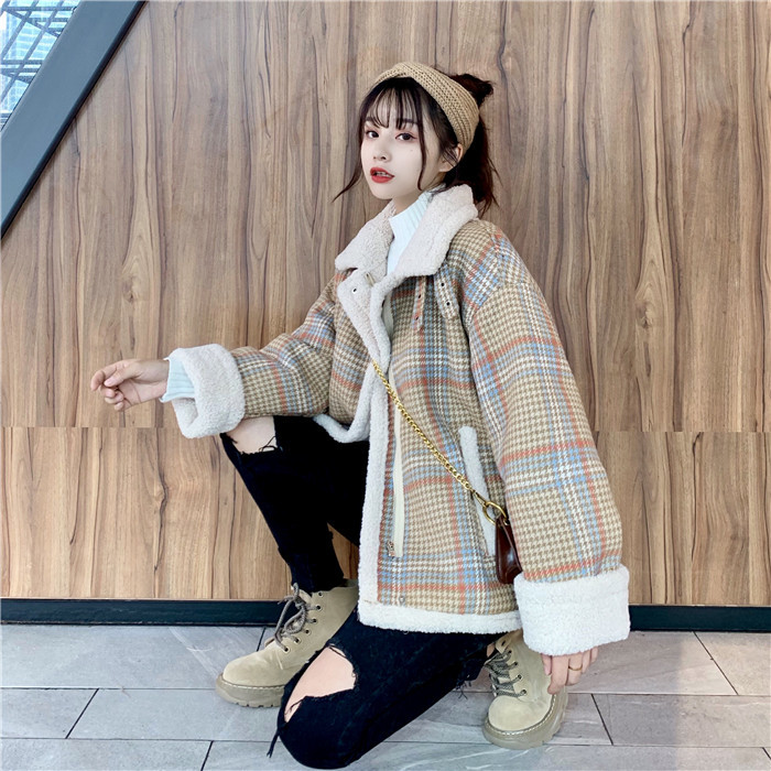 ボアブルゾン チェック柄 韓国ファッション レディース ムートン