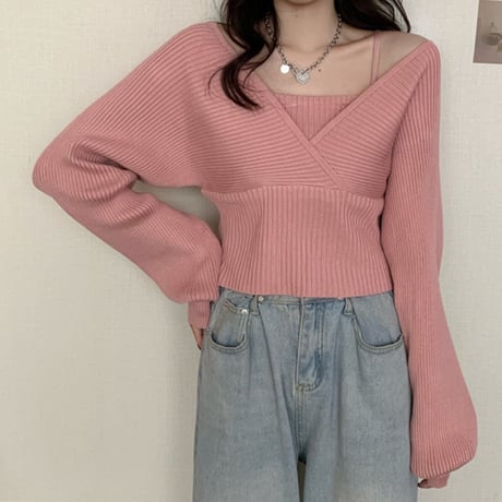 リブニット フェイクレイヤード ルーズ 長袖 セーター 韓国ファッション レディース ニット ゆったり 大人可愛い ガーリー DTC-653558986383