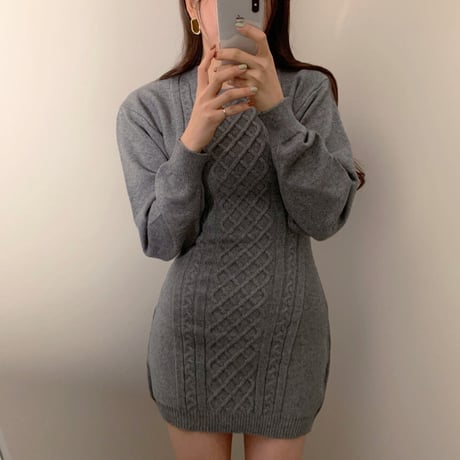 ニットワンピース 背中開き 背中見せ ツイスト編み ハイウエスト 韓国ファッション レディース ニット ワンピース 無地 大人可愛い ガーリー DTC-629490442432