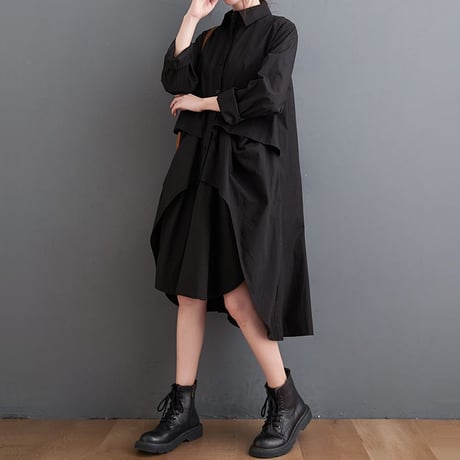 シャツワンピース ロングシャツ シャツ ワンピース アシンメトリー 不規則デザイン ルーズ 長袖 レトロ 韓国ファッション レディース 大人可愛い ガーリー DTC-634484580166