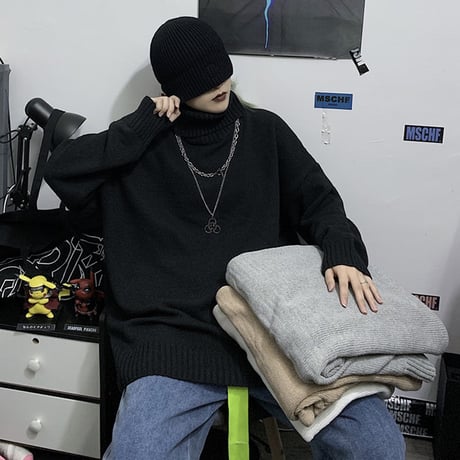 ユニセックス ハイネック ニットセーター プルオーバー ニット セーター オーバーサイズ ゆったり 韓国ファッション メンズ レディース カジュアル ストリート系 DTC-607186504815