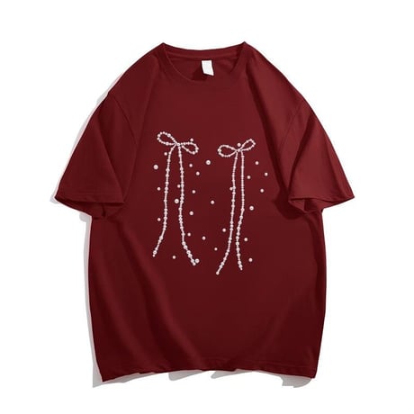 リボンプリント Tシャツ オーバーサイズ トップス ルーズ ゆったり 半袖 レトロ  大人可愛い ガーリー カジュアル フェミニン DTCA-780996917013