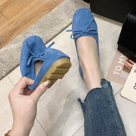 パンプス リボン フラットシューズ スエード ぺたんこ 韓国ファッション レディース シンプル フラットパンプス シューズ ラウンドトゥ キュート かわいい 598041301176