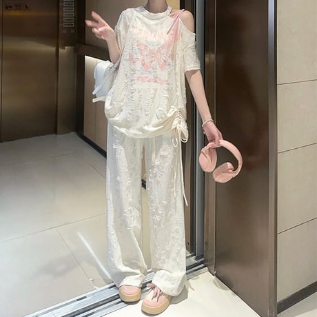 セットアップ 単品 ユーズド加工 Tシャツ ワイドパンツ ホルターネック ワンショルダー ドロスト 半袖 レトロ 韓国ファッション レディース 大人可愛い ガーリー DTC-805276142417