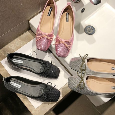 パンプス リボン キラキラ フラット スパンコール 韓国ファッション レディース フラットパンプス フラットシューズ ぺたんこ キュート 痛くない かわいい 歩きやすい 589189010792