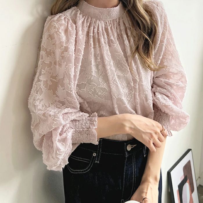 ハイネック バルーンスリーブ トップス 5カラー 花柄 ブラウス バルーンスリーブ トップス ハーフ