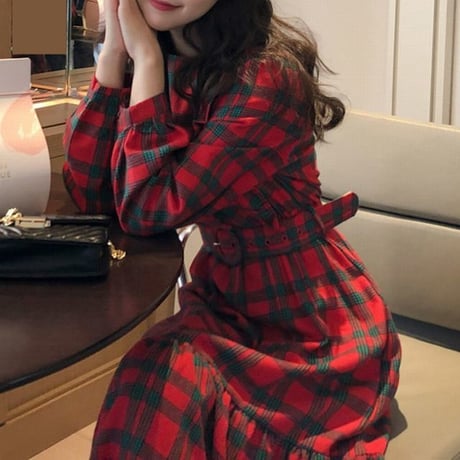 レディース チェック柄 ベルト付き ワンピース 長袖 ロングワンピース ラウンドネック 韓国ファッション オルチャン (DCT-583858540536)