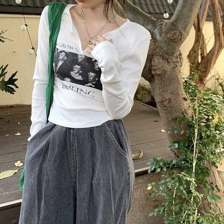 【3カラー】 Tシャツ 長袖 キーネック ショート丈 ロンT カットソー レトロ 韓国ファッション レディース 大人可愛い ガーリー カジュアル DTC-666641340557