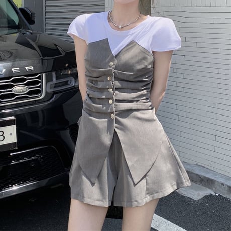 セットアップ フェイクレイヤードトップス ショートパンツ 半袖 ウエストゴム 2点セット レトロ 韓国ファッション レディース 大人可愛い ガーリー DTC-678960859657