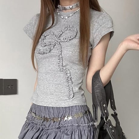 立体リボン Tシャツ リボンコード フリル タイト スリムフィット ショート丈 クルーネック 半袖 レトロ 大人可愛い ガーリー カジュアル DTCA-802763810438