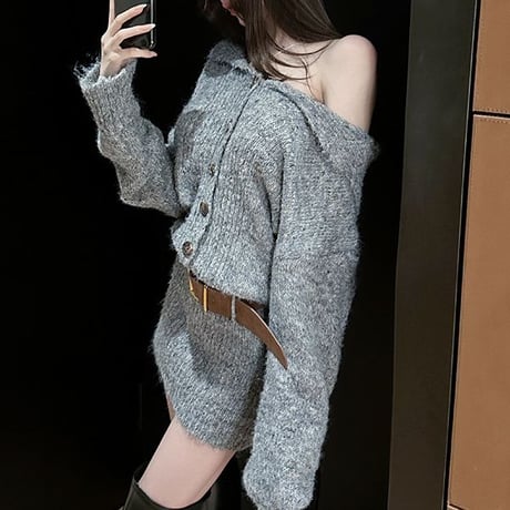 ニットワンピース セーラーカラー ボタン オフショルダー リブワンピース ミニワンピース 長袖 レトロ 大人可愛い ガーリー DTCA-975908412569