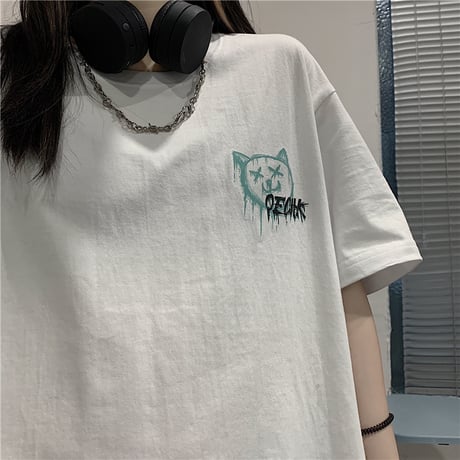 ユニセックス Tシャツ ネコプリント バックプリント 半袖 韓国ファッション メンズ レディース 大きめ ルーズ カジュアル ストリート系 DTC-638753135798