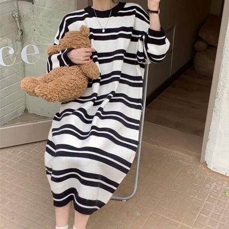 ボーダー柄 ニットワンピース クルーネック ロング丈 ニット ランダムボーダー 長袖 ゆったり 韓国ファッション レディース カジュアル 大人可愛い ガーリー DTC-662845743364