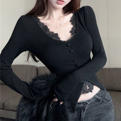 フェイクレイヤード レース トップス Vネック ロンT スリムフィット スリムトップス 長袖 レトロ 大人可愛い ガーリー DTCA-832572089482