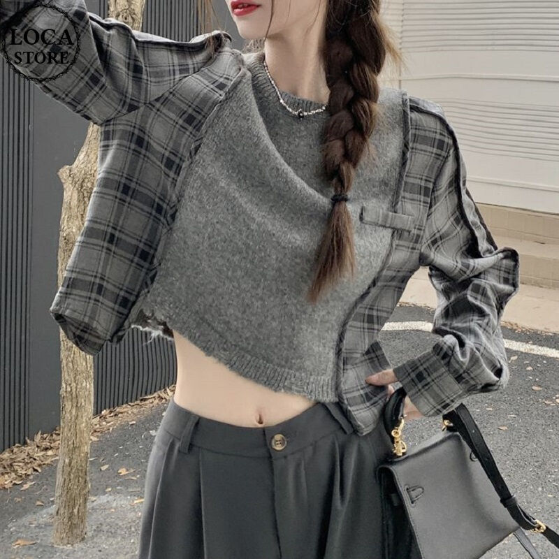 ドッキングトップス プルオーバー ニット シャツ チェック柄