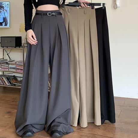 モップパンツ タック ワイドパンツ ドレープ フレア ハイウエスト ルーズ レトロ 韓国ファッション レディース 大人可愛い ガーリー DTC-760473405376