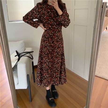花柄 ワンピース ロング丈 長袖 フェミニン 韓国ファッション レディース ラウンドネック ハイウエスト ゆったり 大人可愛い ガーリー DTC-628676263373