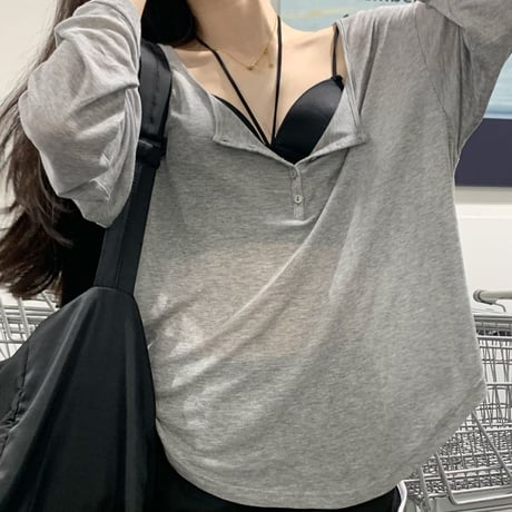 2点セット tシャツ ホルターネック キャミソール フロントボタン 薄手 オーバーサイズ トップス 長袖 レトロ 韓国ファッション レディース 大人可愛い ガーリー DTC-705063752334