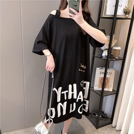 Tシャツ ワンピース オフショルダー ワンショルダー ゆったり 半袖 ロング丈 レトロ 韓国ファッション レディース 大人可愛い ガーリー カジュアル DTC-643529650399