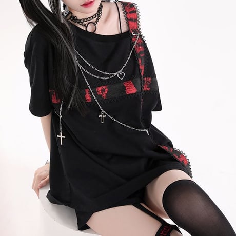 ワンショルダー Tシャツ ストラップ チェーン付き 肩出し トップス アシンメトリー ルーズ 半袖 Y2K レトロ 韓国ファッション レディース 大人可愛い ガーリー DTC-800436724194