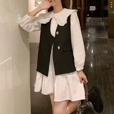 セットアップ ワンピース ＋ ベスト ルーズ 長袖 韓国ファッション レディース 2点セット Aラインスカート かわいい ガーリー フェミニン DTC-624602746823