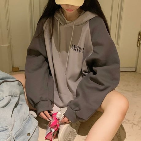 バイカラー パーカー ダークグレー プルオーバー オーバーサイズ ビッグシルエット レトロ 韓国ファッション レディース カジュアル 韓国ストリートファッション DTC-684860027672_dg