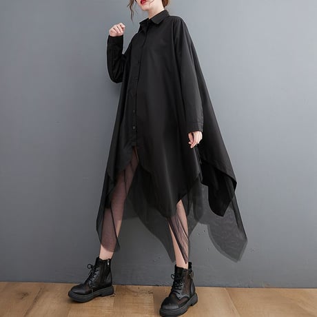 ロングシャツ シャツワンピース チュール シャツ ワンピース アシンメトリー ルーズ 長袖 レトロ 韓国ファッション レディース 大人可愛い ガーリー DTC-653970172988