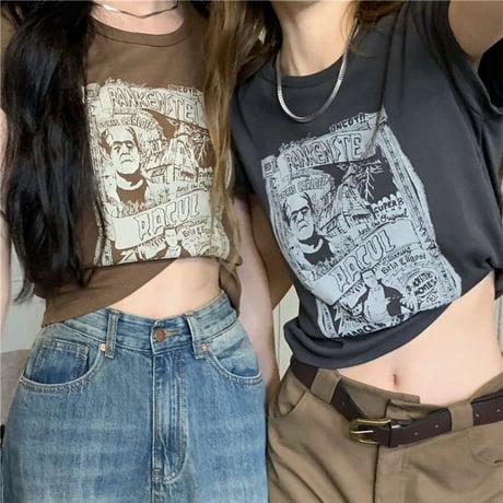 Tシャツ 半袖 ショート丈 トップス レトロ 韓国ファッション レディース 大人可愛い ガーリー カジュアル DTC-702569094290