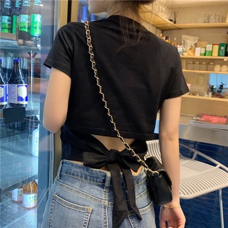 バックリボン tシャツ バックレス ウエスト見せ ショート丈 クルーネック 半袖 トップス レトロ 大人可愛い ガーリー カジュアル DTCA-732666685652