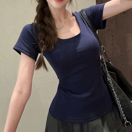 6COLOR Tシャツ 半袖 Uネック スリムフィット ショート丈 トップス レトロ 韓国ファッション レディース 大人可愛い ガーリー DTC-792036557105
