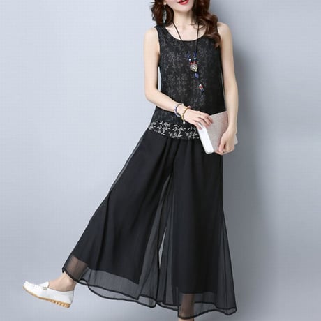 レディース 総レース仕立て ワイドパンツ ガウチョパンツ ワイドレッグパンツ レース 韓国ファッション (DCT-566605987341_1)