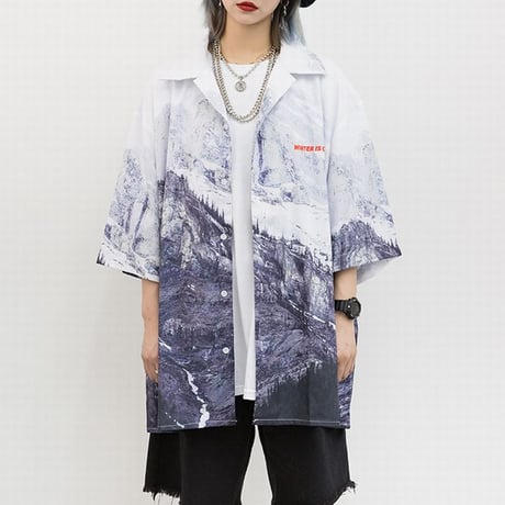 ユニセックス シャツ 柄シャツ 雪山 プリント 半袖 オーバーサイズ メンズ レディース トップス 大きめ ルーズ カジュアル ストリートファッション DTC-613602056845