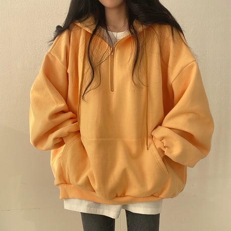 ハーフジップ パーカー 裏起毛 トップス フーディー フード付き スウェット オーバーサイズ ゆったり 長袖 レトロ 大人可愛い ガーリー カジュアル DTCA-736248208366