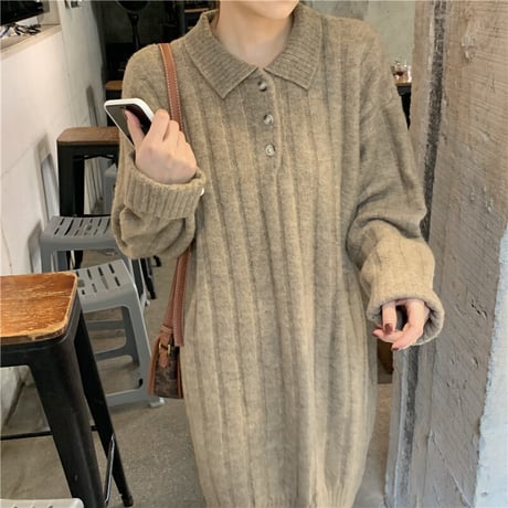 襟付き ニットワンピース ポロニット 厚手 ニット ワンピース ゆったり 韓国ファッション レディース カジュアル 大人可愛い ガーリー DTC-658628360608