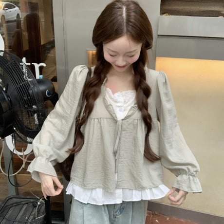 トップス ブラウス リボン フリル ペプラム Vネック ベルスリーブ 薄手 ゆったり 長袖 レトロ 大人可愛い ガーリー DTCA-962786389161