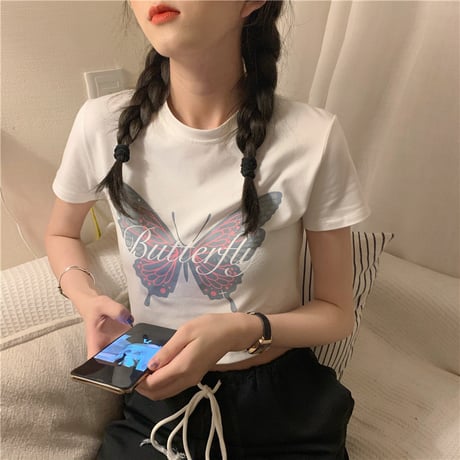 バタフライ Tシャツ クロップド丈 蝶 カットソー トップス 半袖 ショート丈 かわいい カジュアル 韓国ファッション レディース 大人可愛い ガーリー DTC-615322969295