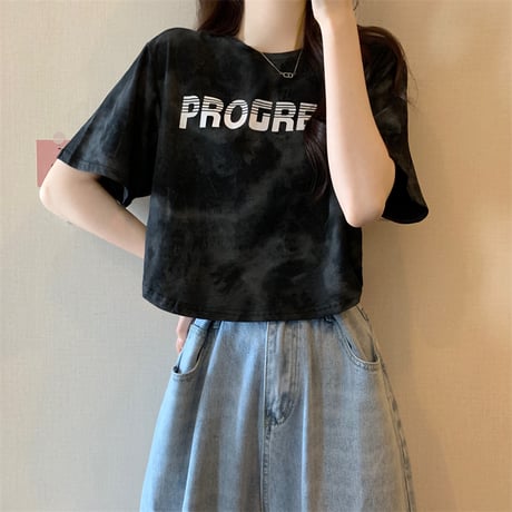タイダイ柄 Tシャツ ショート丈 ロゴ 半袖 ルーズ レトロ カジュアル 韓国ファッション レディース 大人可愛い ガーリー DTC-767804771620