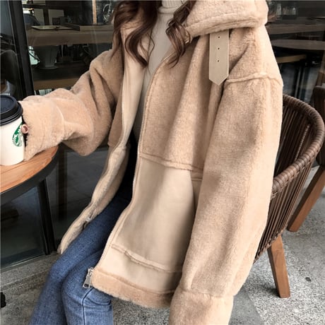 ボアブルゾン ジップアップ 韓国 ファッション レディース ボアジャケット もこもこ ボア ベルト ドロップショルダー オーバーサイズ (DTC-606104703290)