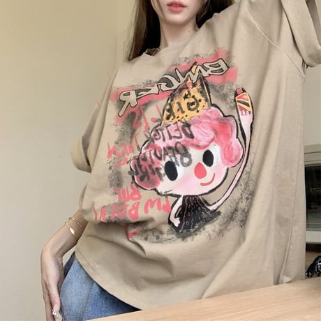 Tシャツ 半袖 漫画風プリント クルーネック オーバーサイズ トップス ルーズ ゆったり カジュアル 韓国ファッション レディース DTC-714109078106