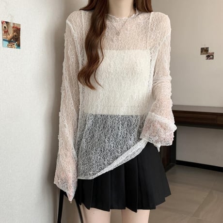 シアートップス レース tシャツ トップス クルーネック UVカット シアーtシャツ ゆったり ルーズ 長袖 レトロ 大人可愛い ガーリー トレンド DTCA-907055529072