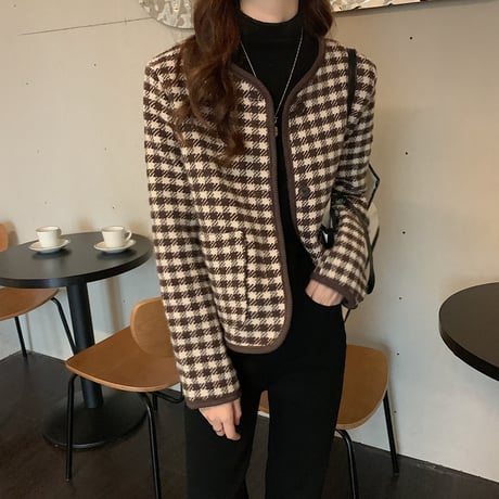 チェック柄 ショートジャケット ノーカラー 襟なし シングルブレスト 長袖 ルーズ レトロ 韓国ファッション レディース 大人可愛い ガーリ DTC-657458574513