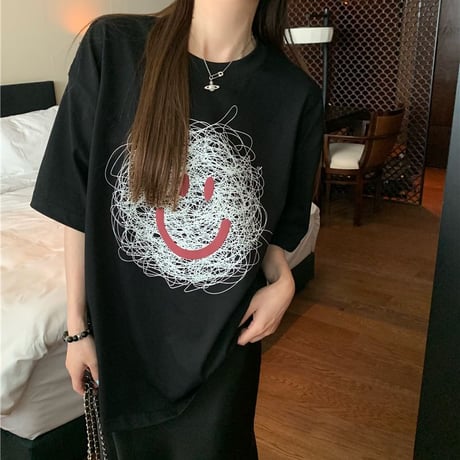 Tシャツ スマイリー フェイス プリント トップス 半袖 オーバーサイズ レトロ 韓国ファッション レディース 大人可愛い ガーリー カジュアル DTC-809615850942