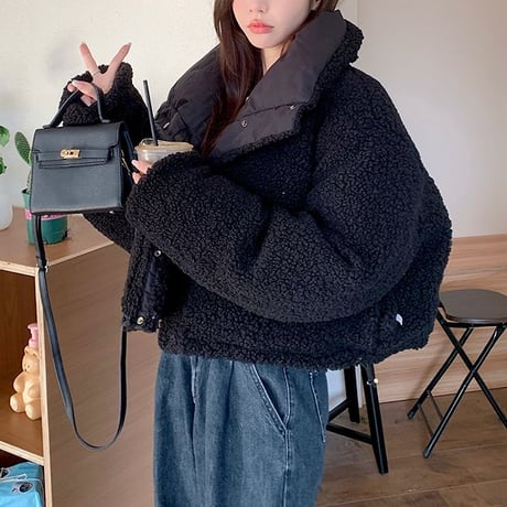 ブラック リバーシブル ブルゾン フェイクラムウール ショート丈 2way ボアブルゾン 防寒 長袖 レトロ 韓国ファッション レディース 大人可愛い ガーリー DTC-752712482016BK