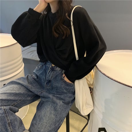 フロント 絞りデザイン トレーナー カットソー 長袖 韓国ファッション レディース 無地 ショート丈 へそ出し ゆったり ルーズ トップス 大人可愛い ガーリー DTC-623958357165