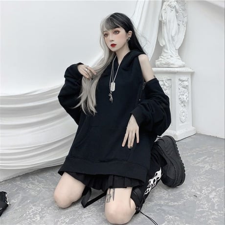 2way パーカー ショルダージップ オフショルダー オーバーサイズ ゆったり ルーズ 韓国ファッション レディース カジュアル ストリートファッション ガーリー DTC-615256713000
