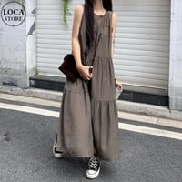 ノースリーブワンピース ギャザー フロントボタン ゆったりウエスト ロングワンピース Aライン ルーズ レトロ 韓国ファッション レディース 大人可愛い ガーリー DTC-817771903028