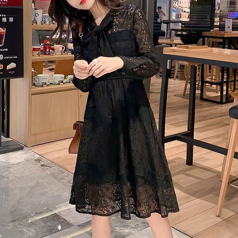 レディース ワンピース ボウタイ レース 総レース レースワンピース