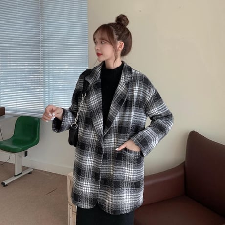 チェック柄 チェスターコート ルーズ シングルブレスト 韓国ファッション レディース コート シングルボタン 大人可愛い ガーリー DTC-631667786680