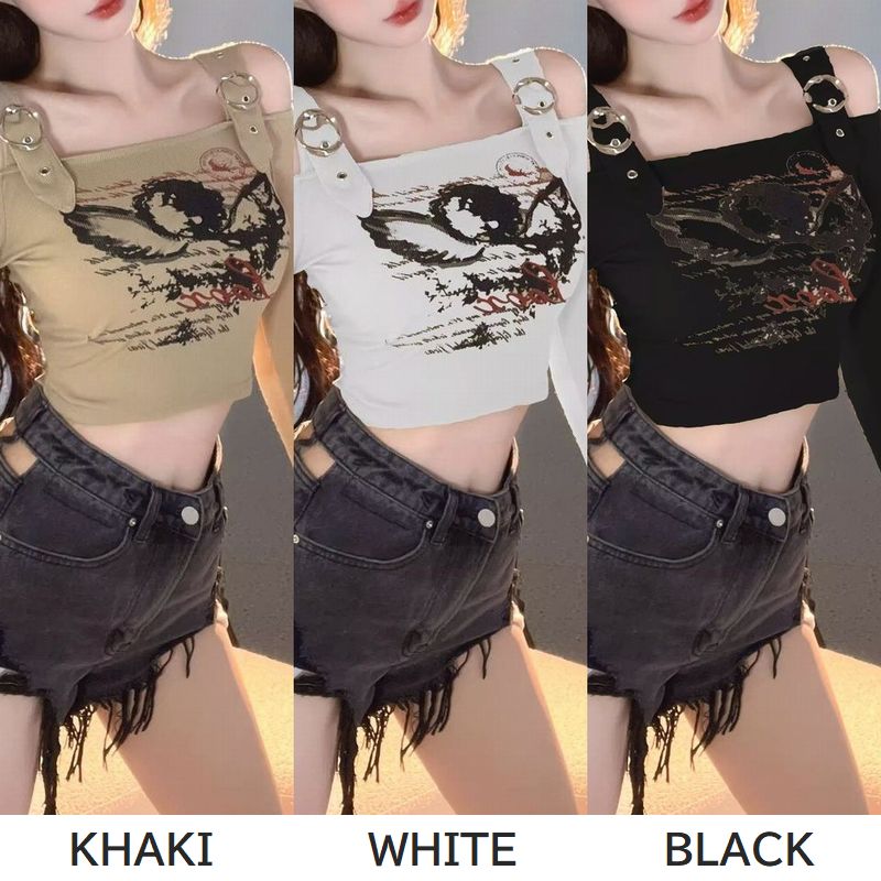 ロンT ベルトデザイン オフショルダー クロップド丈 ショート丈 スリム